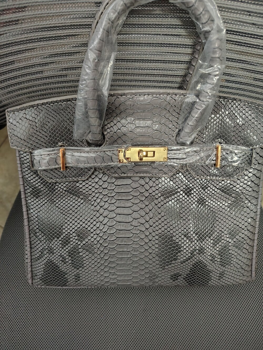 Brand New Fashion bag Gray Faux-Python Top Handle Satchel with Gold Hardware